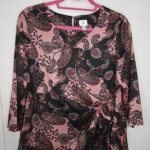 Dress Barn Pink Paisley Side Tie 3/4 Sleeve Crew Neck Blouse - Size LP